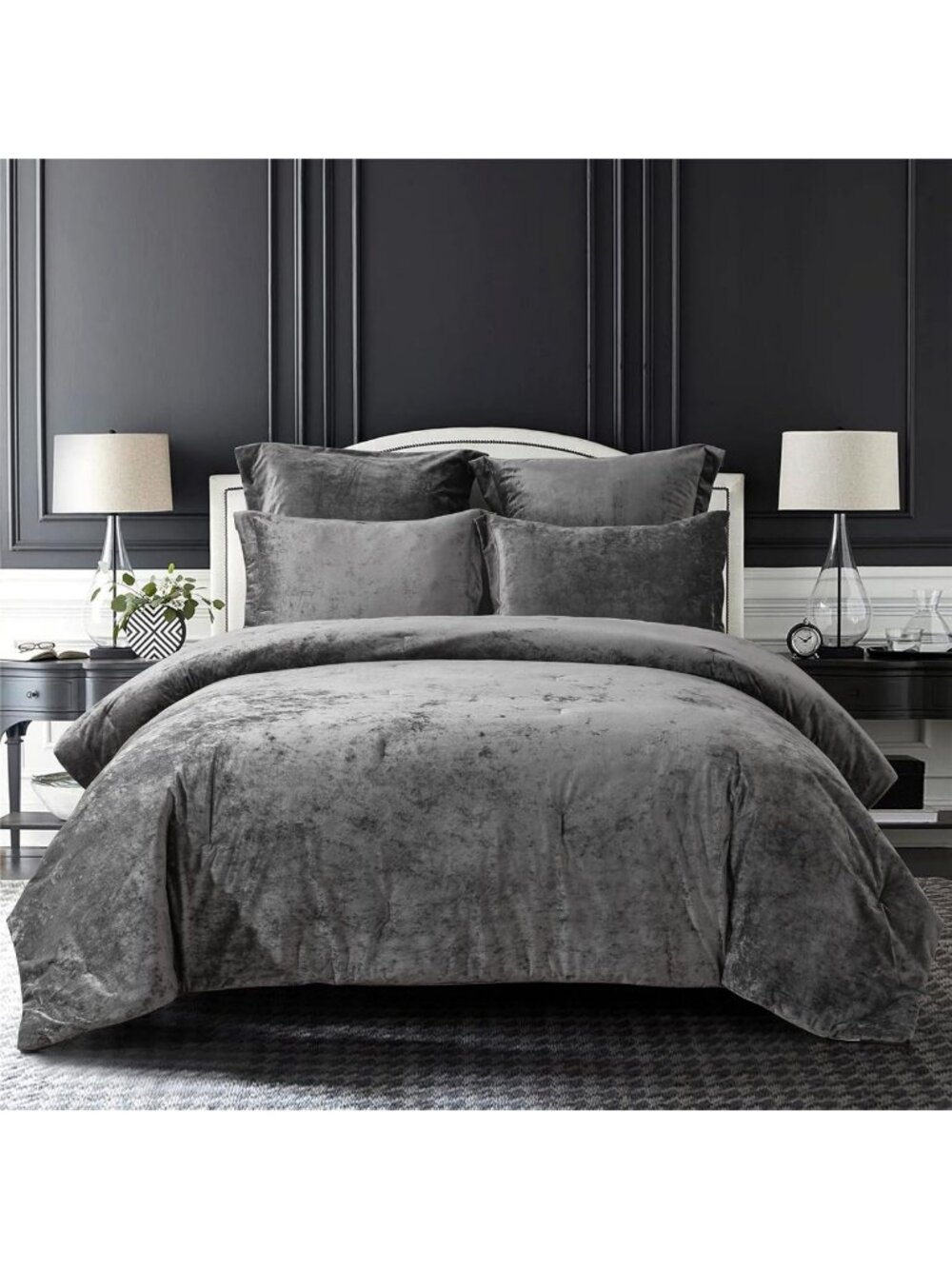 Distressed Velvet Comforter Set - Soft Microfiber Reverse, Lightweight, 5-Piece